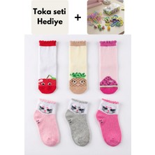 Senihan 6'lı Kız Çocuk Pamuklu Meyve ve Kedi Desenli Çorap Seti + Hediye Toka Seti
