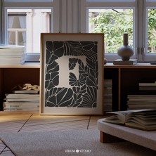 Ninastore F Harfi Indirilebilir Sanat Eseri / Bej ve Siyah Soyut Botanik Monogram Duvar Sanatı / Ilk Isim Harf