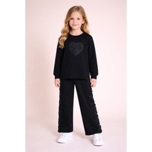 Cansın Mini Siyah Gül Detaylı Geniş Paça Pantolonlu Kız Çocuk Badili 2li Takım 23729