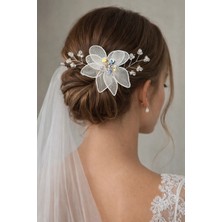 Gold Moda Taraklı Gelin Saç Tokası | Tül Yapraklı Kristal Taşlı Çiçekli Gelin Saç Aksesuarı