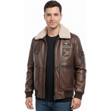 Deriderim Aviator 32 Kahverengi Hakiki Deri Yamalı Erkek Bomber Mont