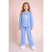 Cansın Mini Mavi Gül Detaylı Geniş Paça Pantolonlu Kız Çocuk Badili 2li Takım 23731