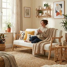 Sevilla Bohem Üçlü Kanepe Natürel Ahşap, Kırık Beyaz