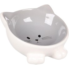 Flamingo Puzi Kedi Kulaklı Desenli Seramik Mama ve Su Kabı GRI-125ML