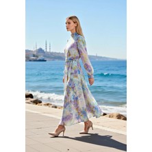 Benerly Kadın Maxi Elbise Astarlı Kuşaklı Çiçekli Bisiklet Yaka Uzun Kol Şifon Dokuma A Kesim Spor