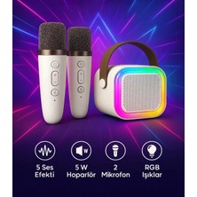Cesicey Taşınabilir Çift Karaoke Mikrofonlu Hoparlör Kablosuz Bluetooth 5 Ses Efektli Bej Rengi