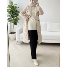 Modamorfo Yakası Kürklü Beli Kemerli Düğmeli Astarlı Kapitone Mont -Taş