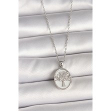 Claris 316L Çelik Gümüş Renk Zincir Zirkon Taş İşlemeli Beyaz Mineli Ağaç İşlemeli Portre Model Kadın Kolye