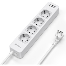 Tessan 7'si 1 Arada Duvara Monte Edilebilir Çoklu Grup Priz - 4 Ac, 3 USB (1 Type-C), 2m Kablo, 25000W