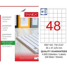 Tanex TW-2137 35X37,125 mm Inkjet / Laser A4 Etiket Yetkili Satıcı (100 Adet)
