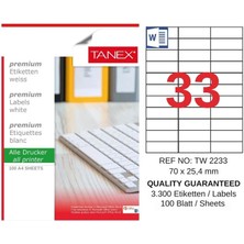 Tanex TW-2233 70X25,4 mm Inkjet / Laser A4 Etiket Yetkili Satıcı (100 Adet)