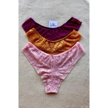 Valunor Kadın Iç Çamaşırı Brazillian Stil Dantelli Lace Set Kadın Şık ve Rahat Tanga Külot 3'lü Set