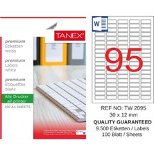 Tanex TW-2095 30X12 mm Inkjet / Laser A4 Etiket Yetkili Satıcı (100 Adet)