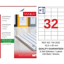 Tanex TW-2032 52,5X35 mm Inkjet / Laser A4 Etiket Yetkili Satıcı (100 Adet)