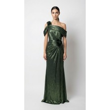 Bdm Exclusive El Işçiliği Drapeli Çiçek Aplikeli Özel Tasarım Uzun Abiye Elbise