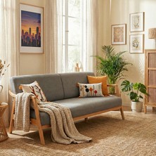 Favela Bohem Üçlü Berjer Natürel Ahşap, Gri