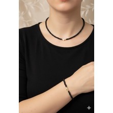 Minel Fashion Siyah Kalp Detaylı Oniks Küre Cam Boncuk Kadın Set