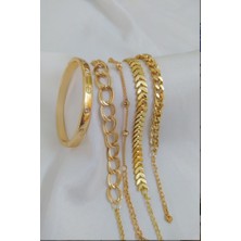 Lia Charm 5'li Altın Kaplama Lüks Bileklik Seti - Çivili Kelepçe & Balıksırtı Zincir Kombini