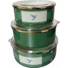 Gold Detaylı Kuş Figürlü 3'lü Emaye Saklama Kabı Seti - Zümrüt Yeşili Vakumlu Seri