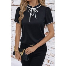Melen Moda Kadın Kısa Kollu Yakası Fırfırlı Bağcıklı Janjan Krep Bluz