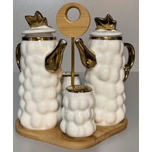 Bambum Modern Kabartma Dokulu Altın Yaldızlı Sunum Seti - Sosluk ve Baharatlık Takımı