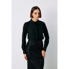 Sateen Payet Detaylı Klasik Gömlek - Siyah