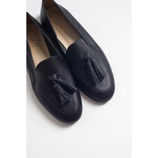 Luvi Siyah Cilt Deri Kadın Günlük Ayakkabı Kaydırmaz Taban ile Rahat Kullanım