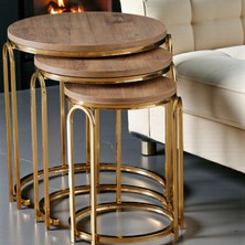 Lenka Zigon Sehpa Takımı Yuvarlak 3'lü Gold Metal - Açık Ceviz Sedaş-Lenka-Zigon-Gold