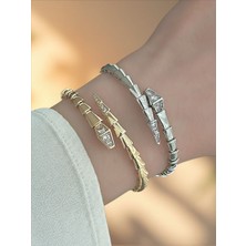 Qa Quella Accessories Rodyum B Serpenti  Yılan Tasarım Zirkon 14 Ayar Altın Kaplama Gümüş & Gold Esnek Bileklik - Gümüş