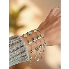 QA Quella Accessories Çelik   Yonca Küçük-Büyük Gümüş & 14K Gold Bileklik 15+6 cm - Büyük Gümüş