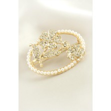 Renklime Yonca Çiçek Inci Taşlı Broş