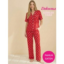 Seamlife Kadın Kırmızı Maskülen Kalp Desenli Önden Düğmeli Gömlek Yaka Dokuma Pamuk Saten Göğüs Cepli Kısa Kol Pijama Takımı