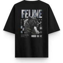 Overoz Feline Leopard Leopar Sırt Baskılı Yarı Oversize Unisex Siyah Tshirt 1401