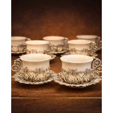 Sufi Tesbih Esans Ve Hediyelik 6’lı Lüks Kahve Fincan Seti – Gümüş Işlemeli Porselen Türk Kahvesi Fincanı – Vintage  Tasarım