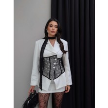 Esra Helvacı Tül Şallı Dantel Korsajlı Ceket Etek Takım