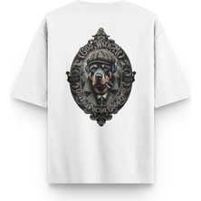 Overoz Guardian Dog Rottweiler Köpek Sırt Baskılı Yarı Oversize Unisex Beyaz Tshirt 1402