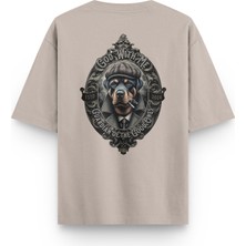 Overoz Guardian Dog Rottweiler Köpek Sırt Baskılı Yarı Oversize Unisex Taş Rengi Tshirt 1402