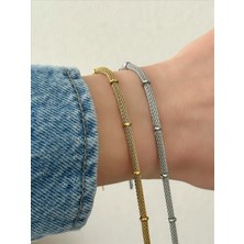 Qa Quella Accessories Çelik Hasır Topçuk Altın Kaplama Gümüş & Gold Bileklik 17+5 cm - Gümüş