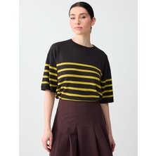 Jimmy Key Acı Kahve Bisiklet Yaka Dirsek Kol Çizgi Desenli Triko Bluz