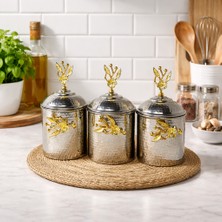 Teberrik Dükkan Çiçekli 3 Lü Bakır Baharat Takımı