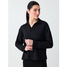 Jimmy Key Siyah Polo Yaka Uzun Kollu Modal Örme Sweatshirt