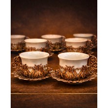 Sufi Tesbih Esans Ve Hediyelik 6’lı Lüks Türk Kahvesi Fincan Seti – Bronz Işlemeli Porselen Kahve Fincanı – Osmanlı Desenli Vintage Sunum Seti