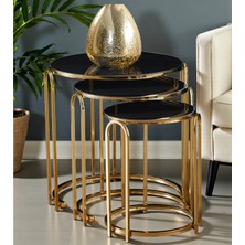 Lenka Zigon Sehpa Takımı Yuvarlak 3'lü Gold Metal - Siyah Aynalı Temperli Kırılmaz Cam Sedaş-Lenka