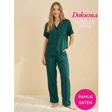 Seamlife Kadın Yeşil Maskülen Kalp Desenli Önden Düğmeli Gömlek Yaka Dokuma Pamuk Saten Göğüs Cepli Kısa Kol Pijama Takımı