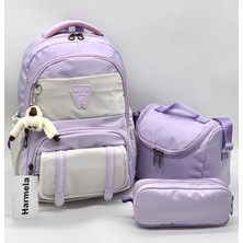 Harmela Ilk Okul Çantası 3'lü Set Okul Sırt Çantası Suya Dayanıklı Erkek Çocuk Ilkokul Çantası 8020 Lila