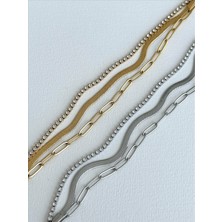 Qa Quella Accessories Çelik Üçlü Su Yolu Figaro  Zincir 14K Gümüş & Gold Bileklik 17+5 cm - Gümüş