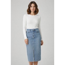 Ekol Önü Yırtmaçlı Midi Kot Etek 3042