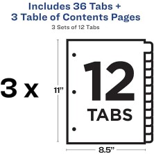 Skygo 3 Halkalı Bağlayıcılar Için 12 Sekme Bölücü, Özelleştirilebilir Içindekiler Tablosu, Klasik Beyaz Sekmeler, 3 Set (11078)