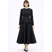 Zg Fashion Kadın Siyah Kloş Etek Belden Oturtmalı Kemerli Yuvarlakyaka Bluz