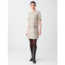 Jimmy Key Bej Melanj Rahat Kesim Yuvarlak Yaka Ekoseli Örme Mini Elbise